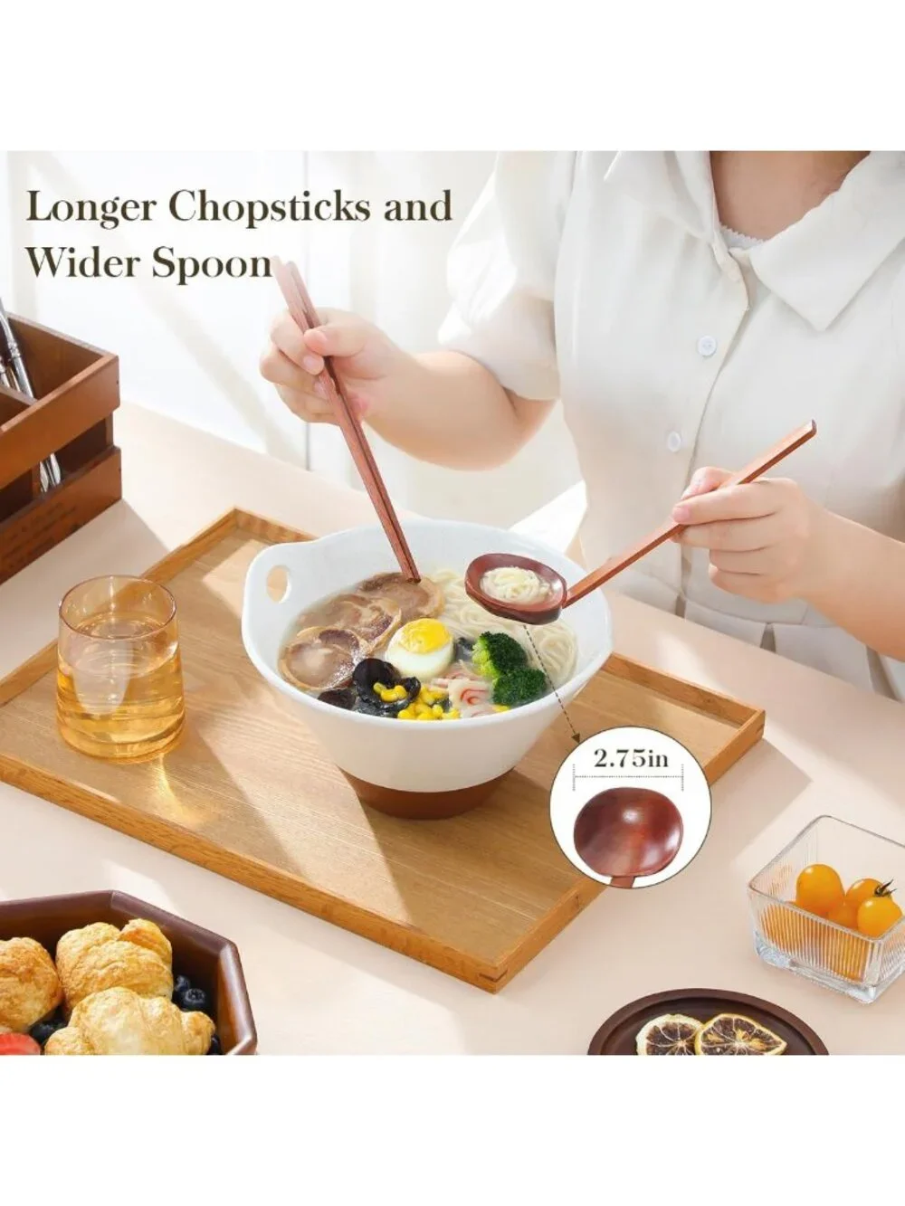 Ceramic Ramen Bowl Set with Wooden Spoon & Chopsticks – Microwave & Oven Safe